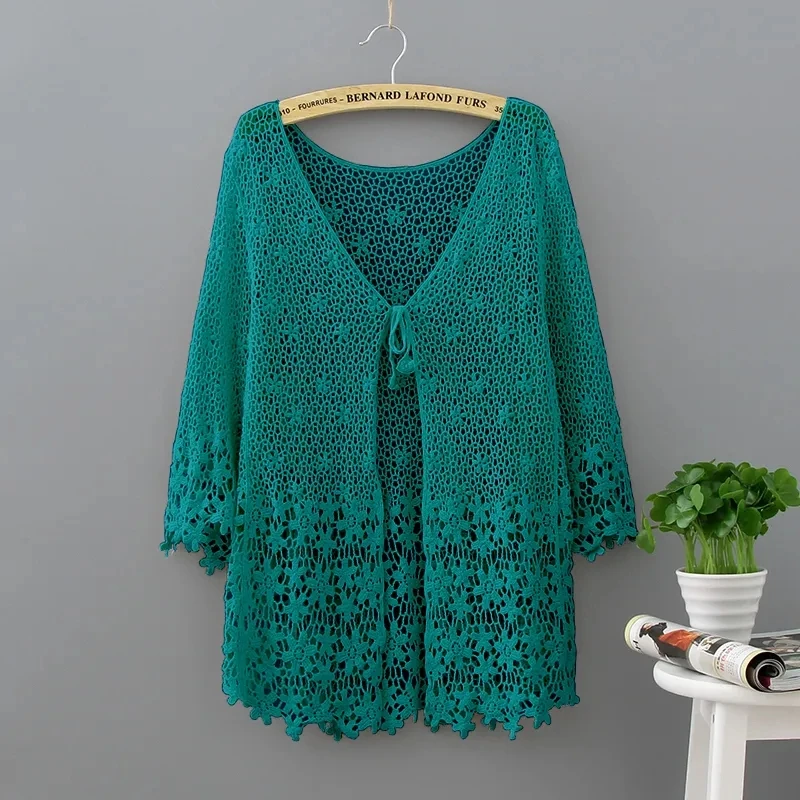 2023 Summer Fashion Hollow Out Knitting Sun Protection Clothing Women\'s Coat Loose Cardigan Ladies Shawl Air-Conditioning Shirt