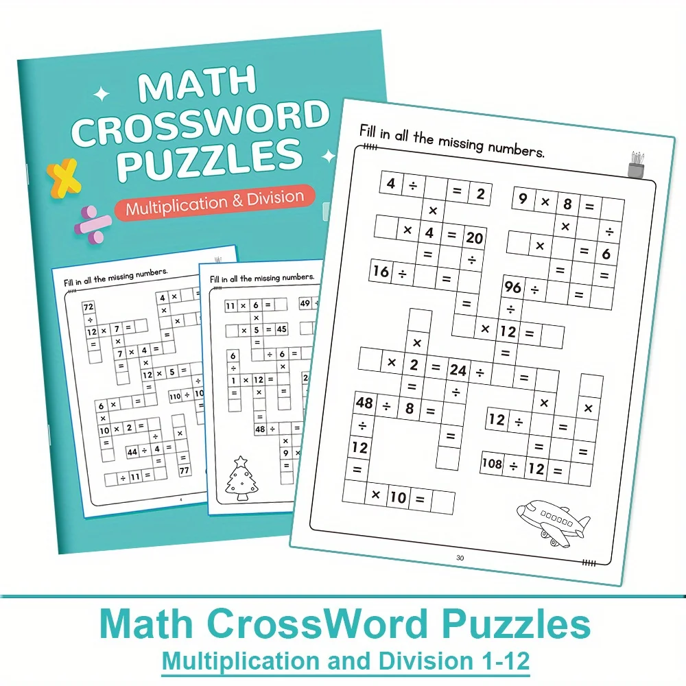 Math CrossWord Puzzles: 1-12 Multiplication and Division, Times Table, Criss Cross Challenges Game, Math Workbook Montessori