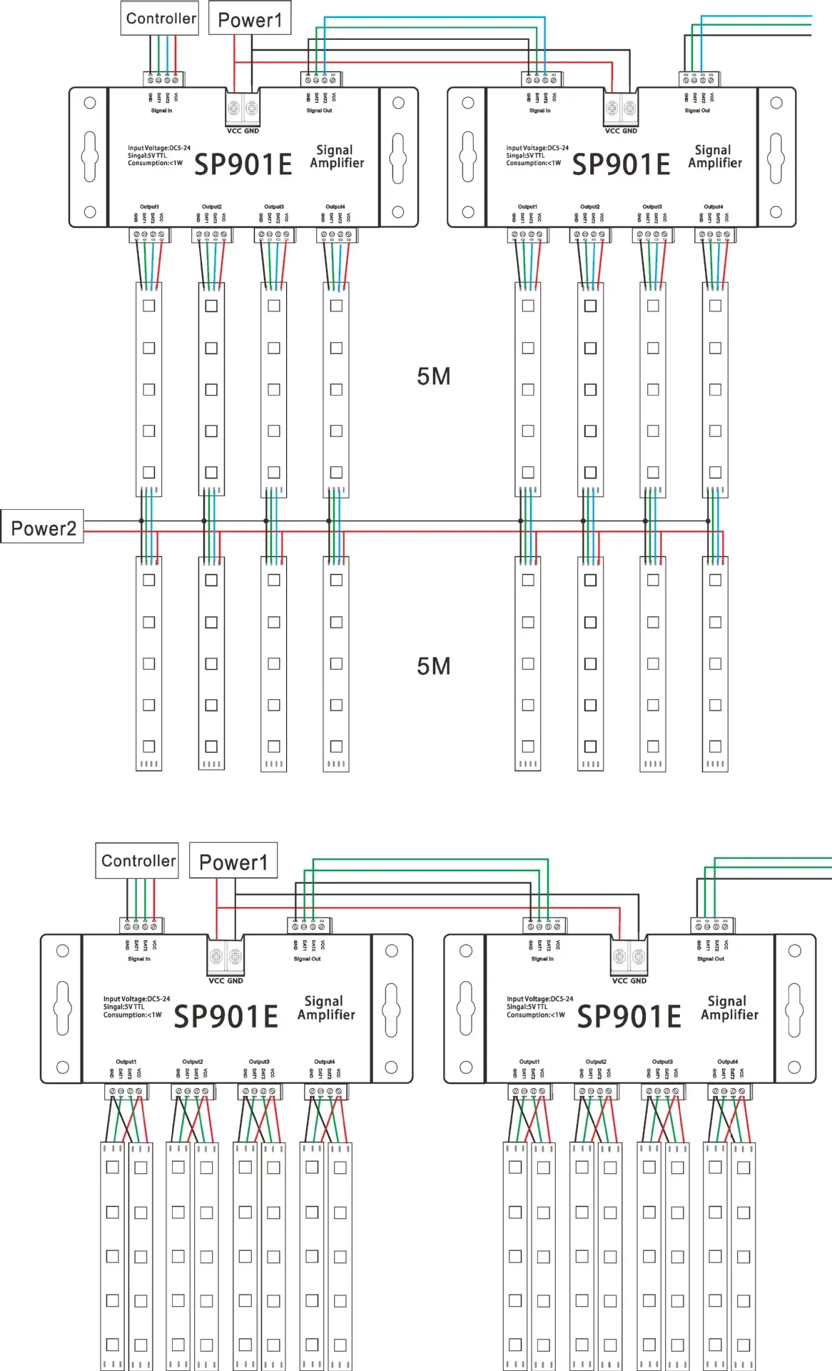 SP901E led SPI controller DC5V-24V LED amplificatore di segnale 4CH gruppo amplificatore per dmx512 led pixel strip magic module WS2812 2811