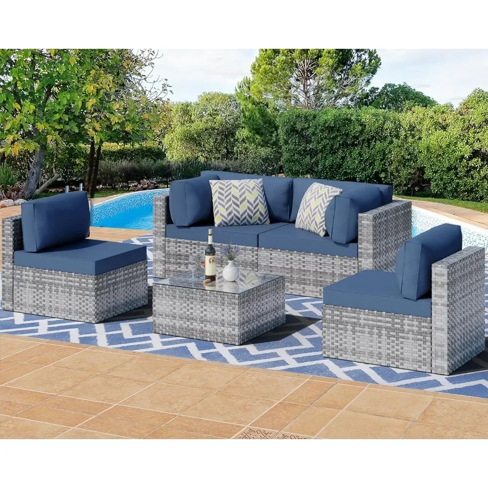 

5 Pieces Outdoor Patio Sectional Sofa Couch, Silver Gray PE Wicker Conversation Sets with Washable Cushions Garden Sofas