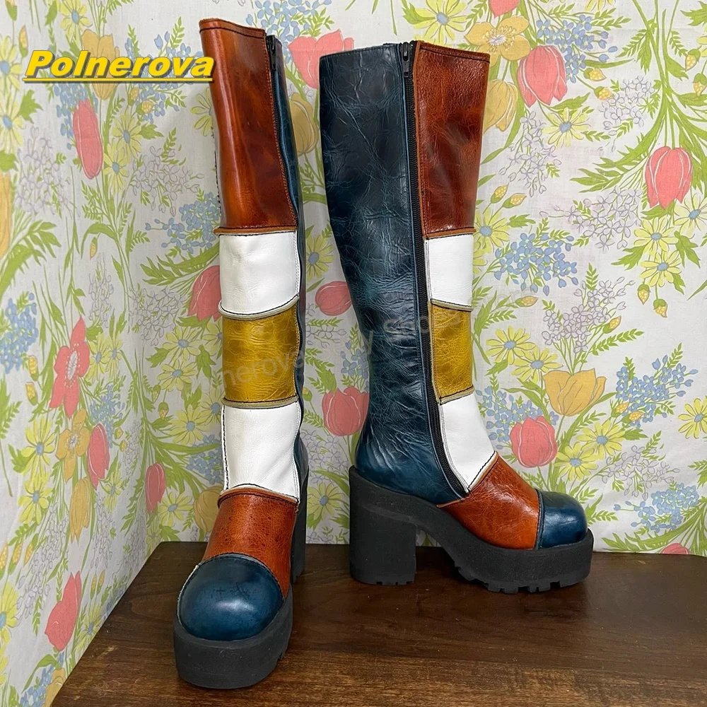Women Retro Patchwork Leather Knee High Boots Color Block Chunky Platform Block Heel Vintage Y2K Streetwear Fashion Shoes 2026