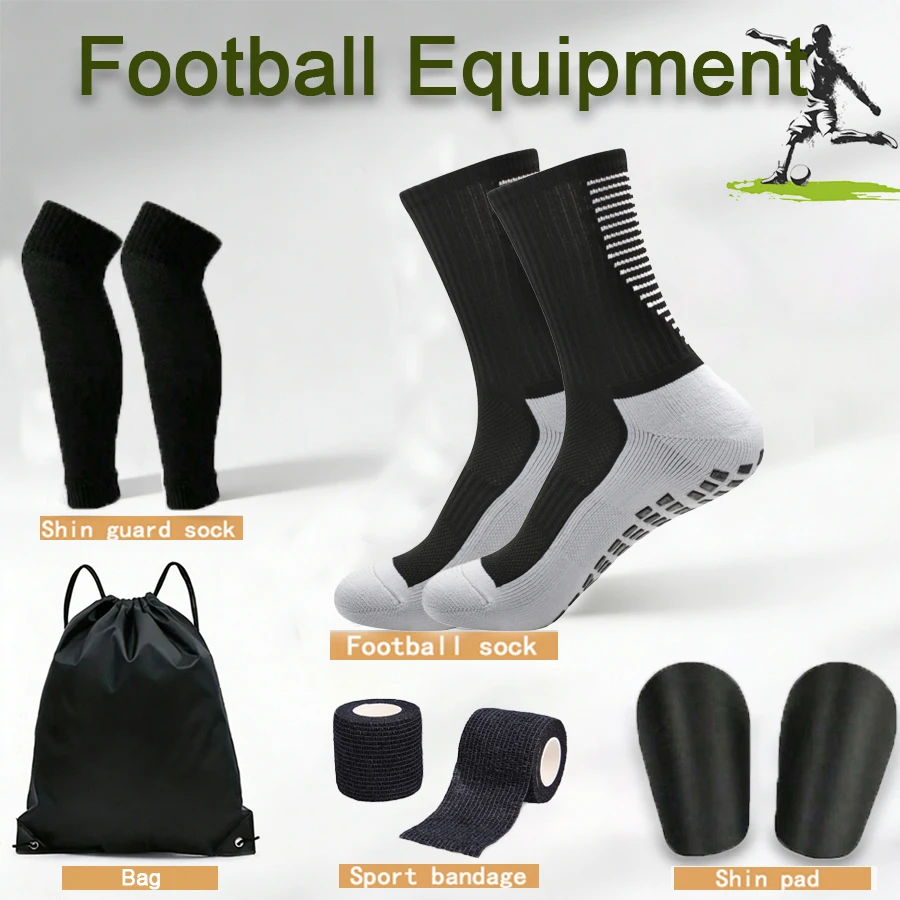 5-teiliges Set Fußballzubehör für Männer und Frauen, Fußballsocken, Basketballsocken, Sportbandagen, Sockenärmel, Mini-Schienbeinschoner, Kordelzug