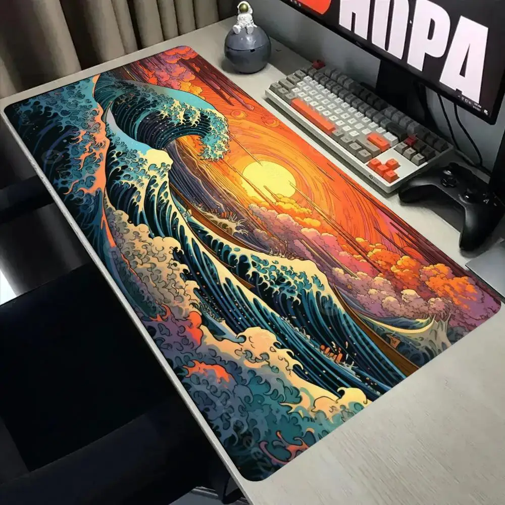 Large Gaming Mouse Pad Desk Mat Keyboard Pad Sunset Great Wave Vintage Japanese Ukiyo-e Ocean Art Print PC Laptop Oriental Decor