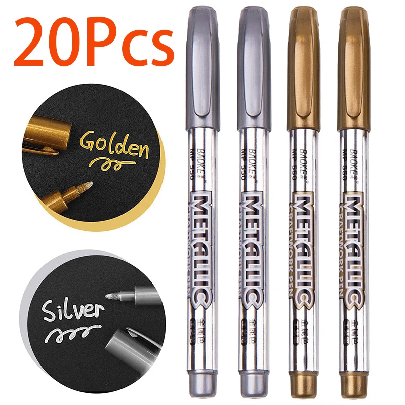 

20Pcs Metallic Marker Pens, Silver Metallic Permanent Markers for Artist Illustration, Crafts, Gift Card Making