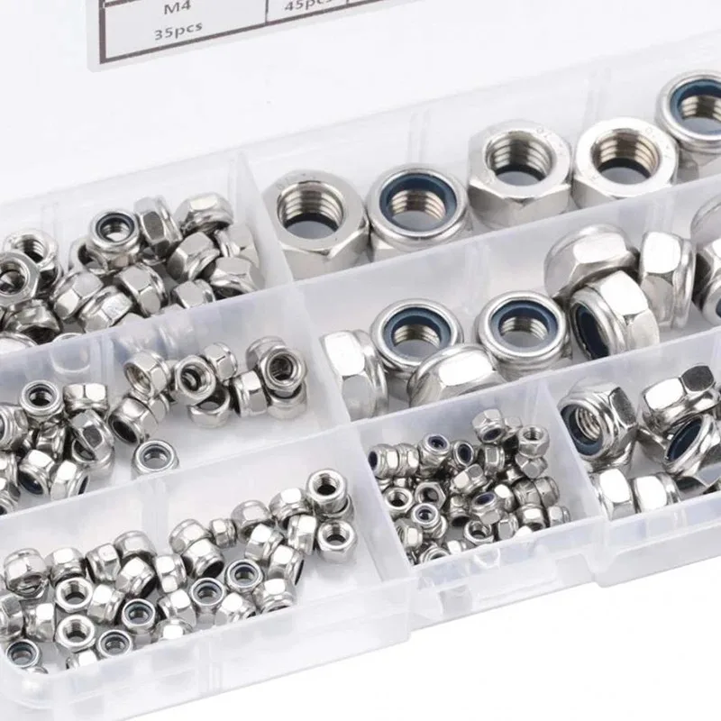 170pcs M3 M4 M6 M8 M10 M12 304 Hexagon Nylon Stainless Steel Insert Lock NutHex Self Locking Nylock Locknut Set  Assortment Kit