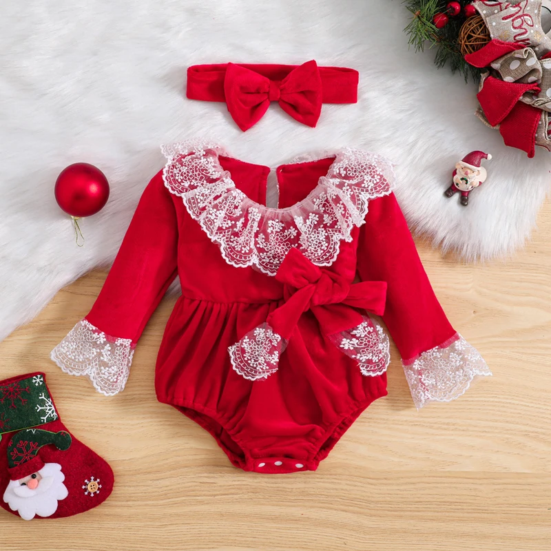 

Lioraitiin 3-24M Christmas Baby Girl Romper Dress Long Sleeve Lace Ruffled Bodysuit Tie-Up Xmas Jumpsuit with Headband