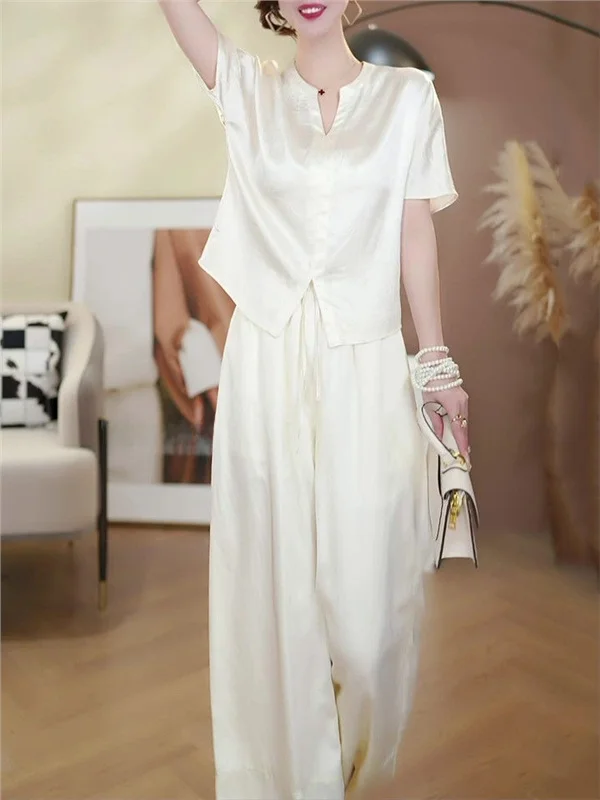 

Korean Style Women's Fashion Set Summer New Breathable Wide Leg Pants Two Piece Set Luxury Versatile Elegant Long Sleeve V Neck