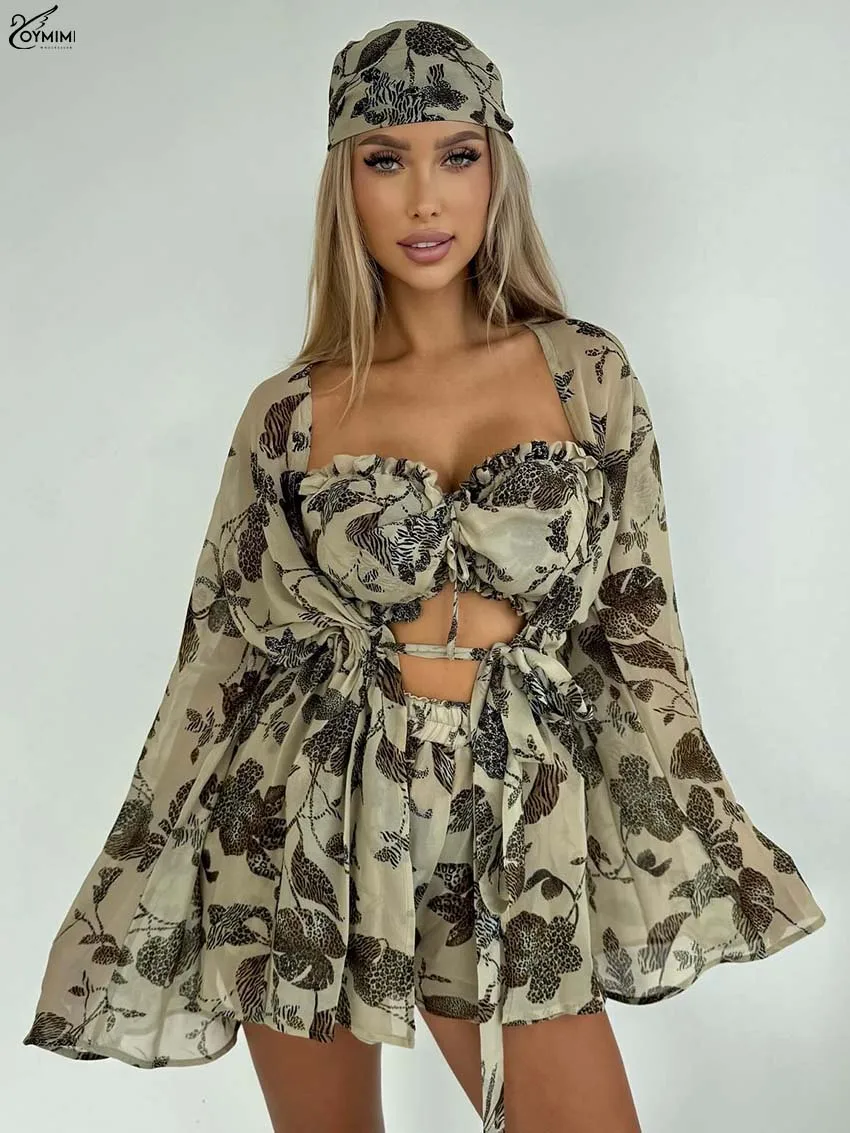 

Oymimi Fashion Khaki Print 3 Pieces Set For Woman Elegant Long Sleeve Lace-Up Shirts And Ruffled Bra + Slim Shorts Female Sets