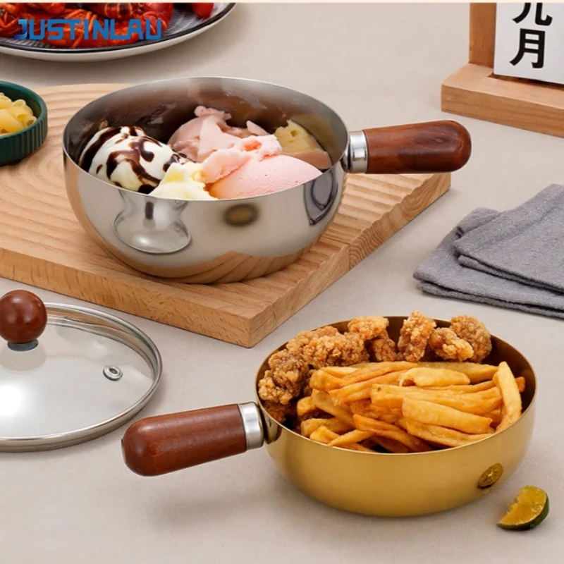 JUSTINLAU 14/16cm Instant Noodles Pot Stainless Steel Small Soup/Milk Pot with Walnut Handle Home Snack Pan Oil-spreading Pots