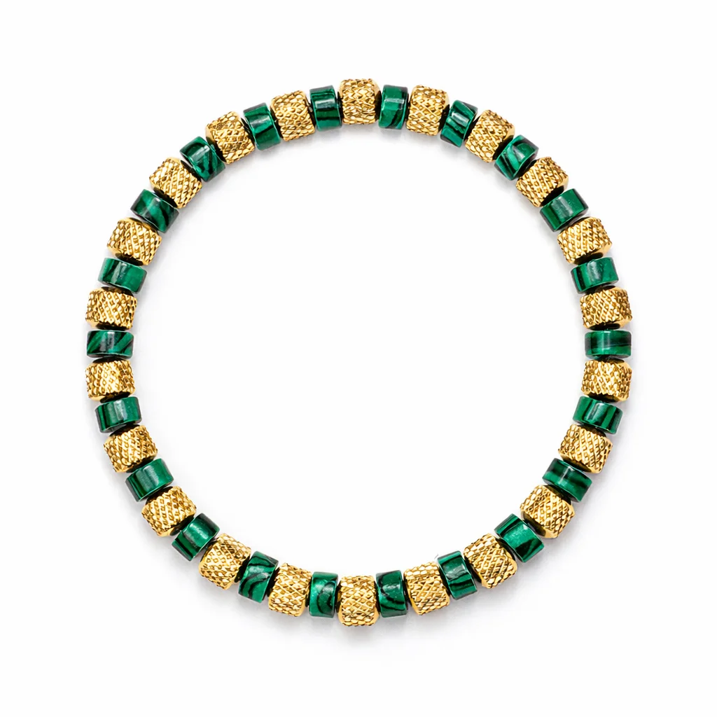 Natural Malachite Bead Bracelet for Men, 18K Gold Plated 304 Stainless Steel Mesh Beads, Handmade Elastic Stretch Bracelet