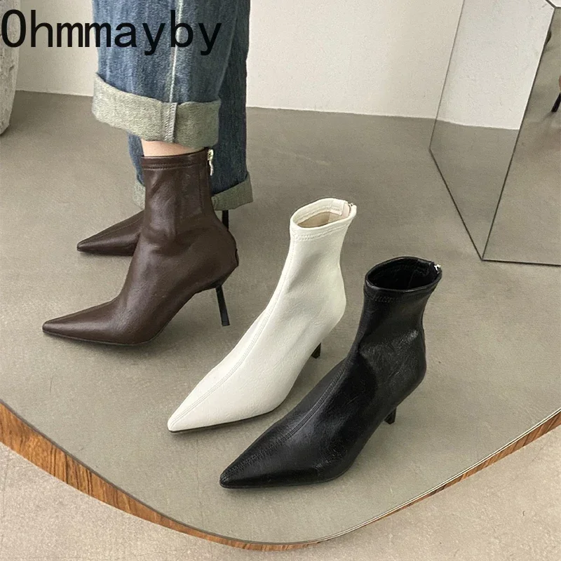 Pointed Toe Women Slim Ankle Boots Fashion Back Zippers Shoes Autumn Winter Thin High Heel Women\'s Morder Short Booties