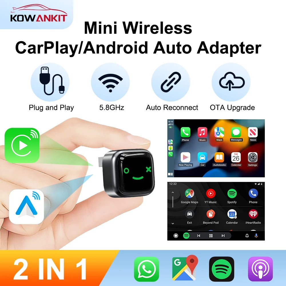 

KowanKit 2 in 1 Wireless CarPlay Adapter Android Auto Wireless Mini Dongle Plug & Play Smart AI Box Car for Bluetooth 2026