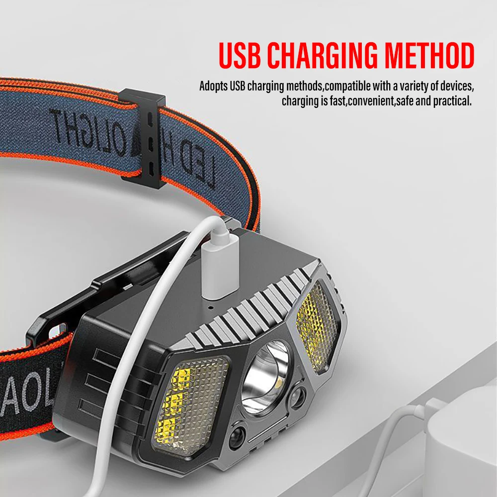 USB Rechargeable LED Headlamp Motion Sensor Mini Headlight Waterproof Head Torch 5 Modes Fishing Camping Lantern Flashlight