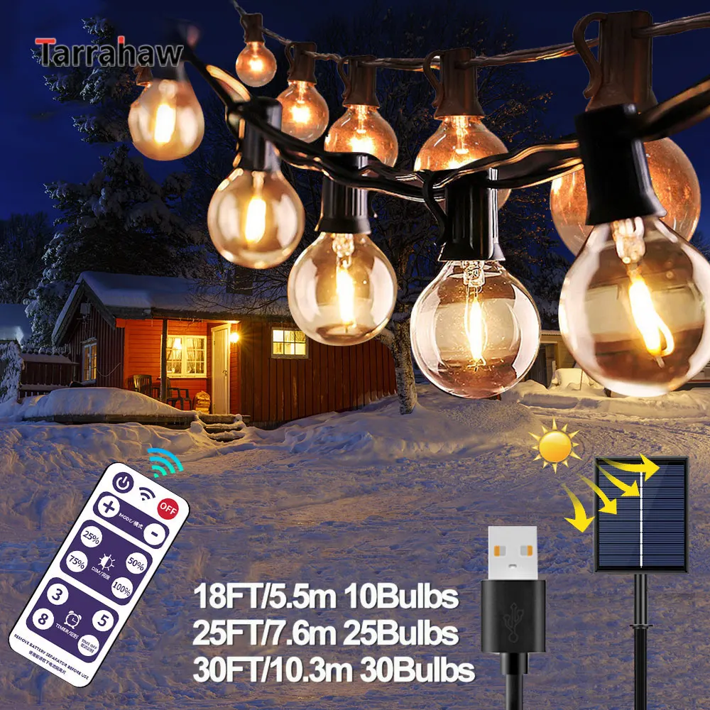 

18FT/25FT/30FT Solar Led Light Outdoor G40 String Light Solar+USB Powered Waterproof Globe Hanging Lights with Shatterproof