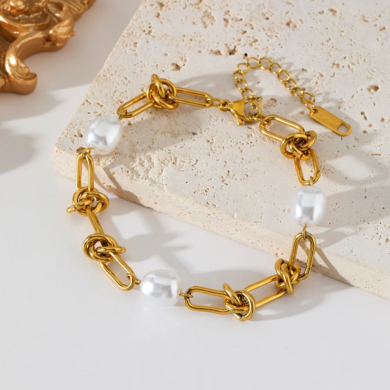 EILIECK 316L Stainless Steel Metal Gold Color Pearl Knot Chain Necklace Bracelet Set For Women Fashion Statement Jewelry Gift