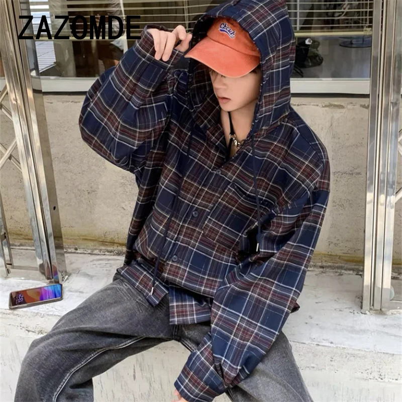 ZAZOMDE Plaid Shirt Jacket Brands American Retro Long Sleeves Shirt High Street Coat Men  Functional Long Sleeve Hoodie Shirts