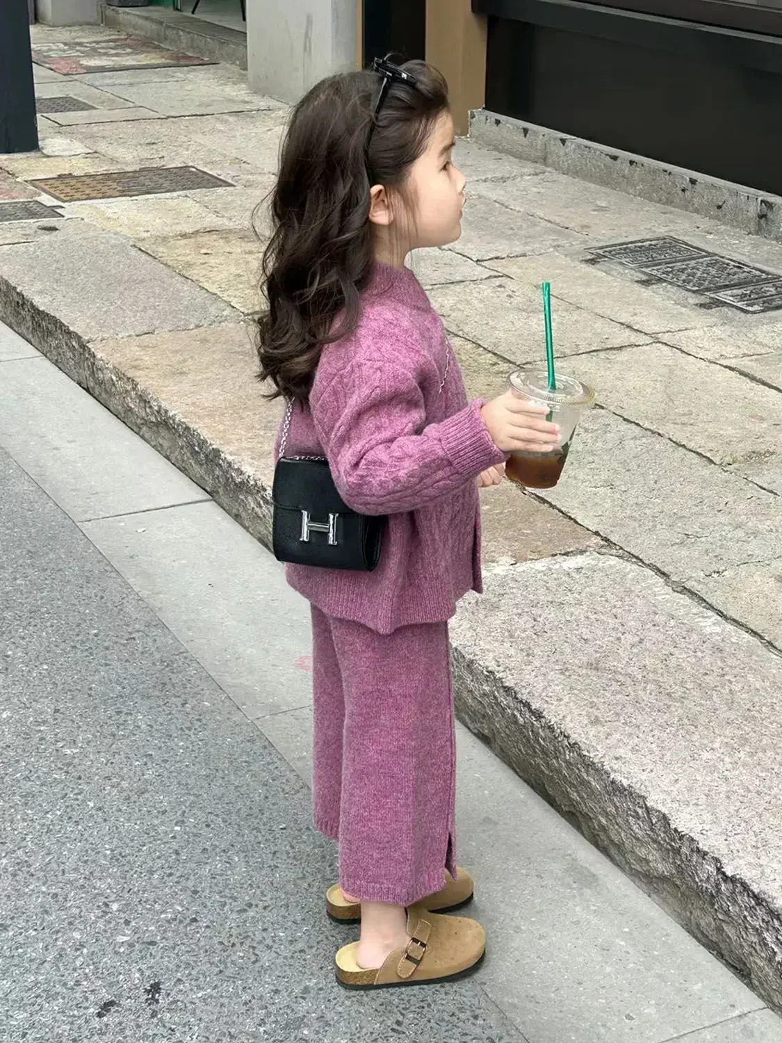 Girl Clothes Suit Korean Children Clothes 2023 Autumn New Purple Knitted Crewneck Sweater Girl Foreign Style Top Flared Pants