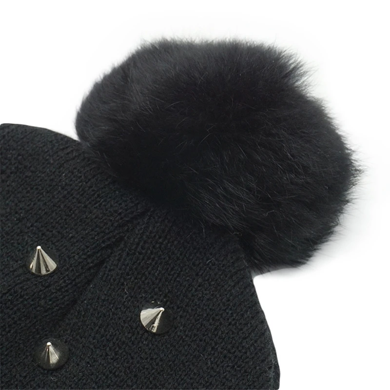 Punk Knitted Beanie Hat Black Acrylic Hat Rock Hiphop Winter Soft Warm Pom Bobble Knit Acrylic for Women