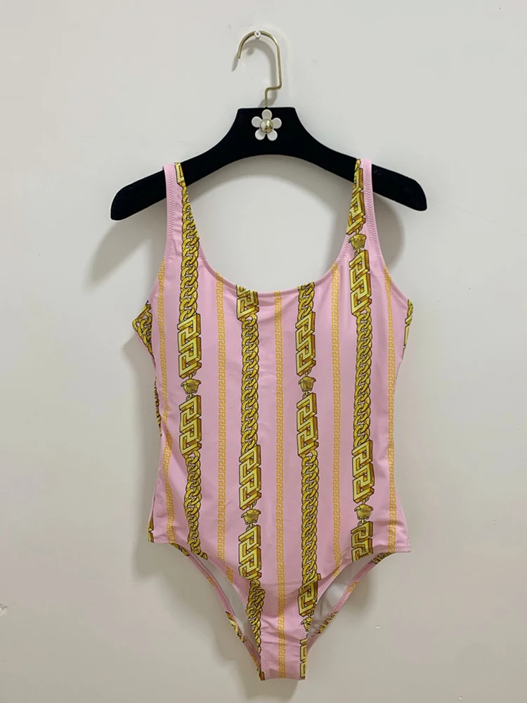 Fashionable Printed Chain Link One-Piece Swimsuit Tight Beach Bikini Hot Springs Vacation Beach Sand Polyester Fiber