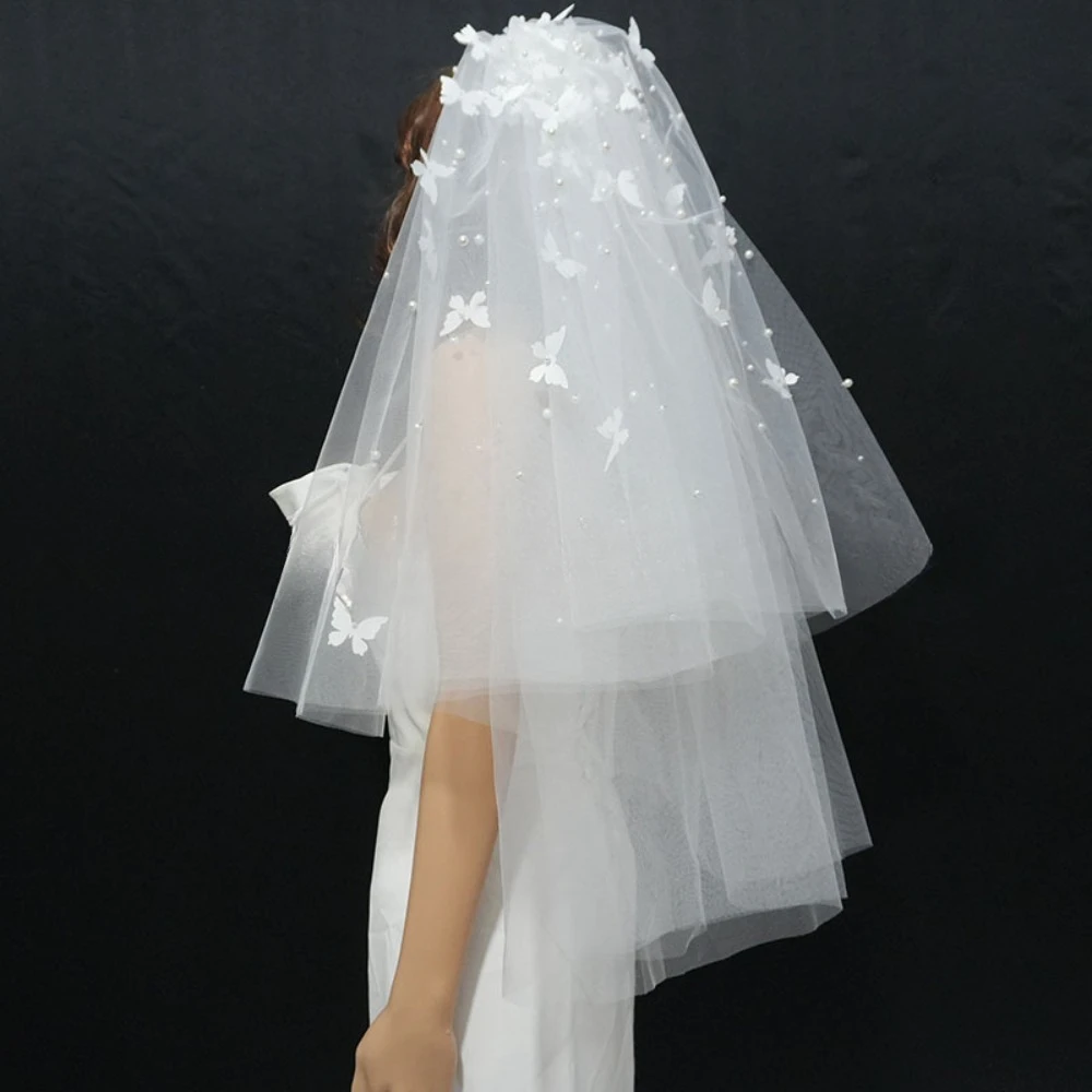 Wedding Shoulder Length Veil with Butterfly and Pearl Decoration Appliqued Two Layers Marriage Wedding Accessories Bride to Be