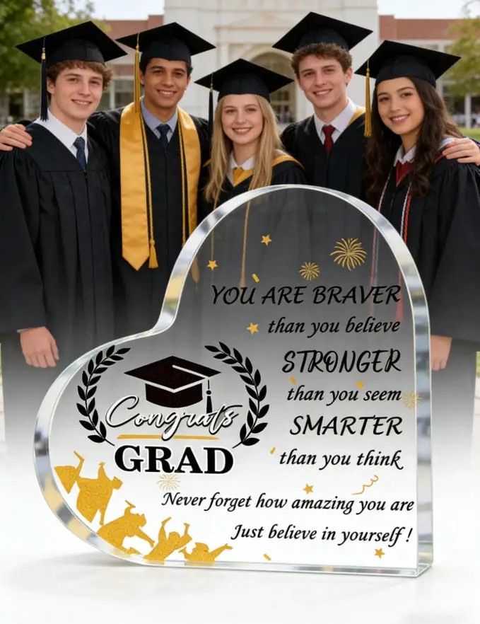 1pc Acrylic Graduation Gift, Heart-Shaped Inspiring Graduation Award Plaque With Graduation Cap Decor,  Graduates, Graduation Ce