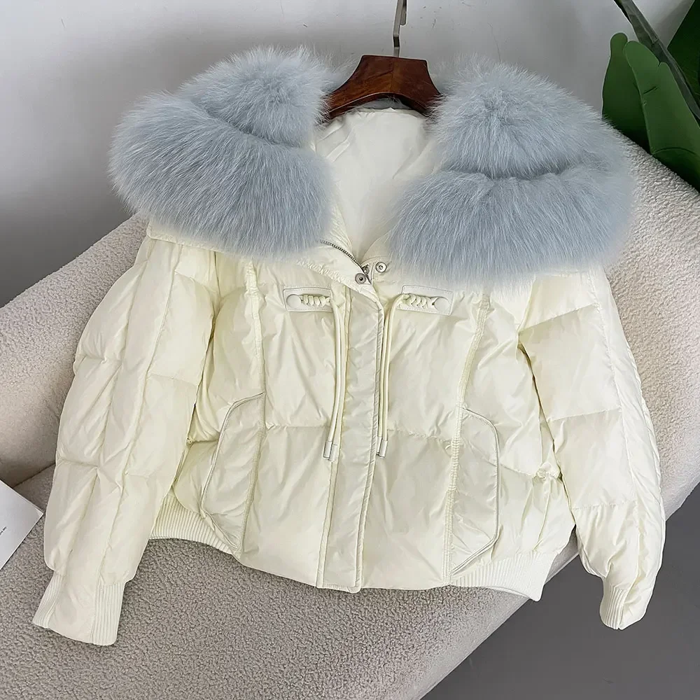 

2024 Autumn Winter Versatile Loose Casual Down Jacket Warm Thickened 90% White Duck Down Spliced with Oversized Fox Fur Collar