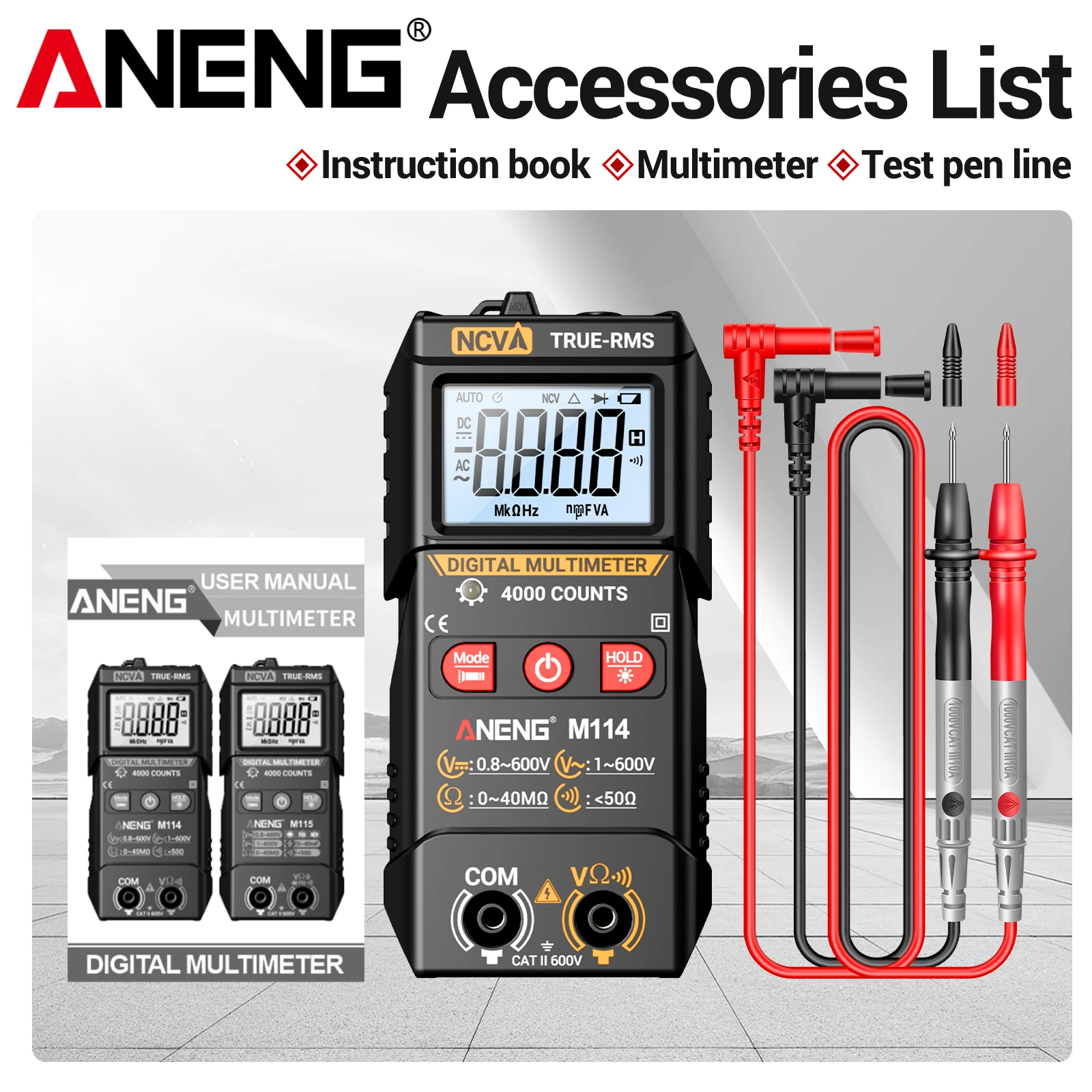 ANENG M114 4000 Zählfunktion Multifunktions-Multimeter mit Ein/Aus-Signal, Datenspeicherung, Warnung bei niedrigem Batteriestand, Überlastschutz, Spezielles Elektrisches Messgerät