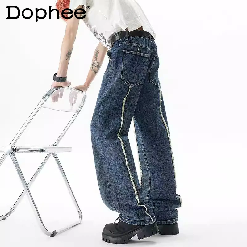 

Fashion Straight Denim Trousers Men's 2026 Four-season Wear Color Matching Pocket Decoration High Street Wide-leg Denim Trousers