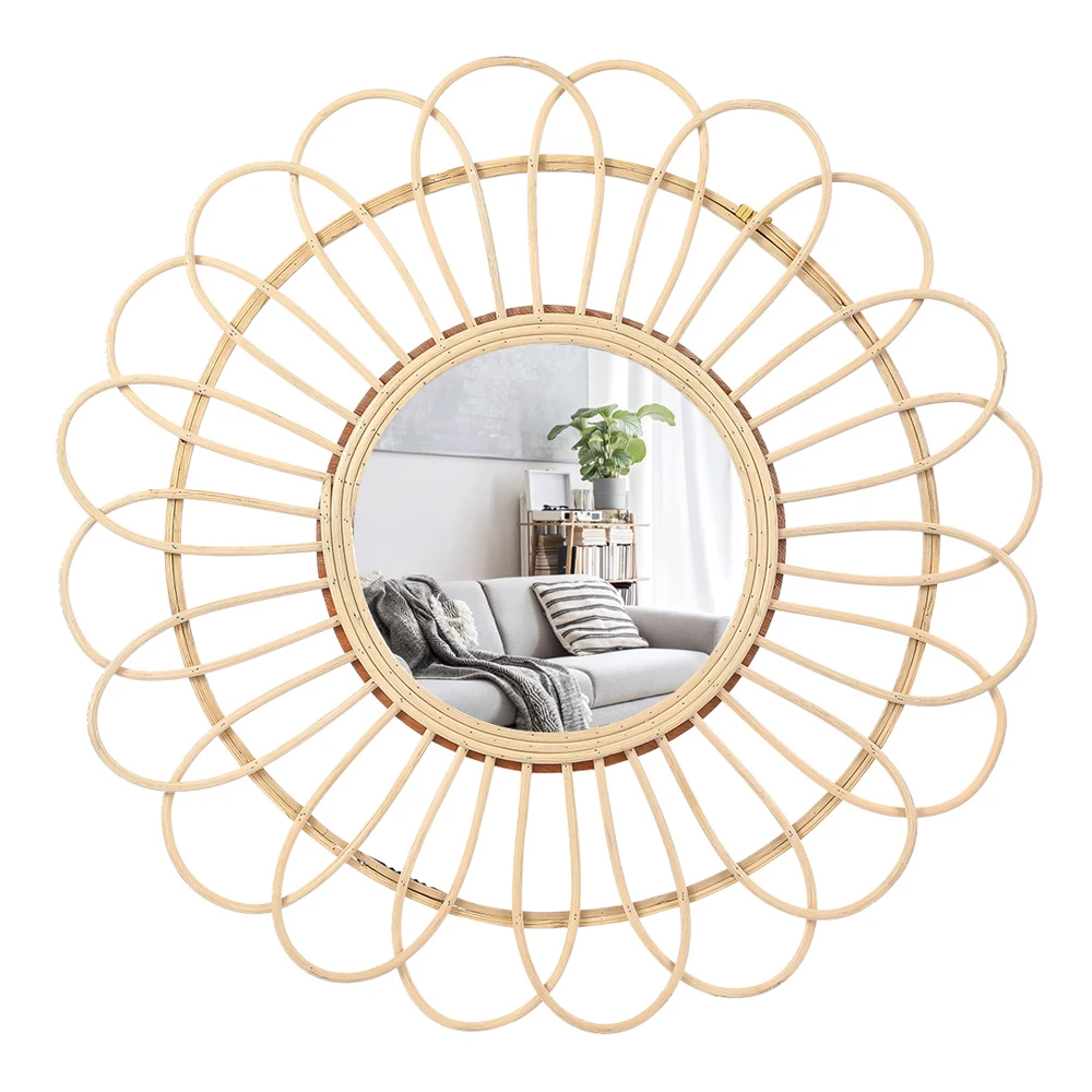 Sun Shape Decorative Mirror Rattan Innovative Art Decoration Round Makeup Mirror Dressing Bathroom Wall Hanging Mirror Drop ship