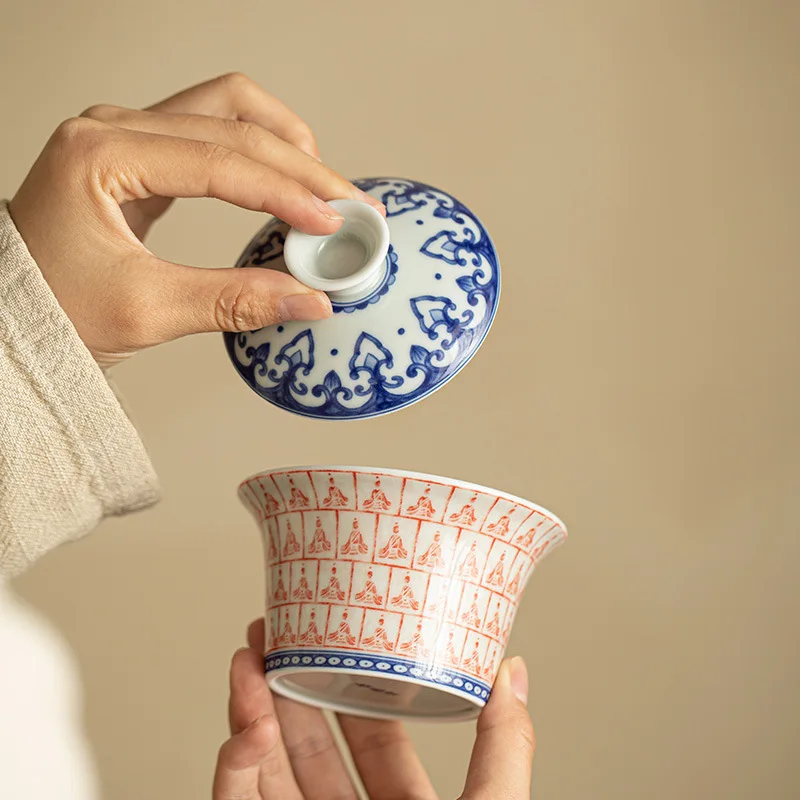 Chinese Ceramic Gaiwan Handmade Blue and White Porcelain Teacup Hand-painted Buddha Tea Bowl Beauty Tea Infuser Teaware