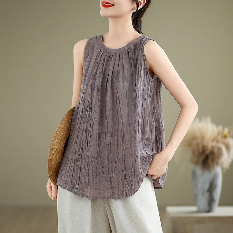 Womens Round Neck Gathered Sleeveless Top Crinkled  Curved Hem Loose Casual Blouse