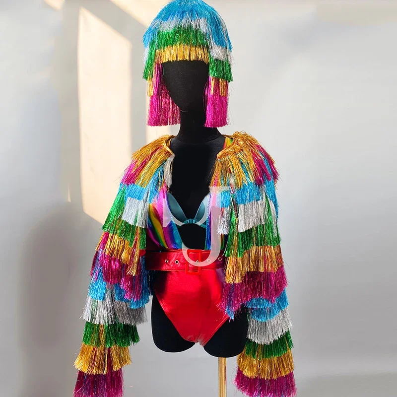 Festival Outfit Rainbow Fringe Coat Stage Costume Sexy body Nightclub Gogo Dancer Stage Wear Drag Queen Clothes