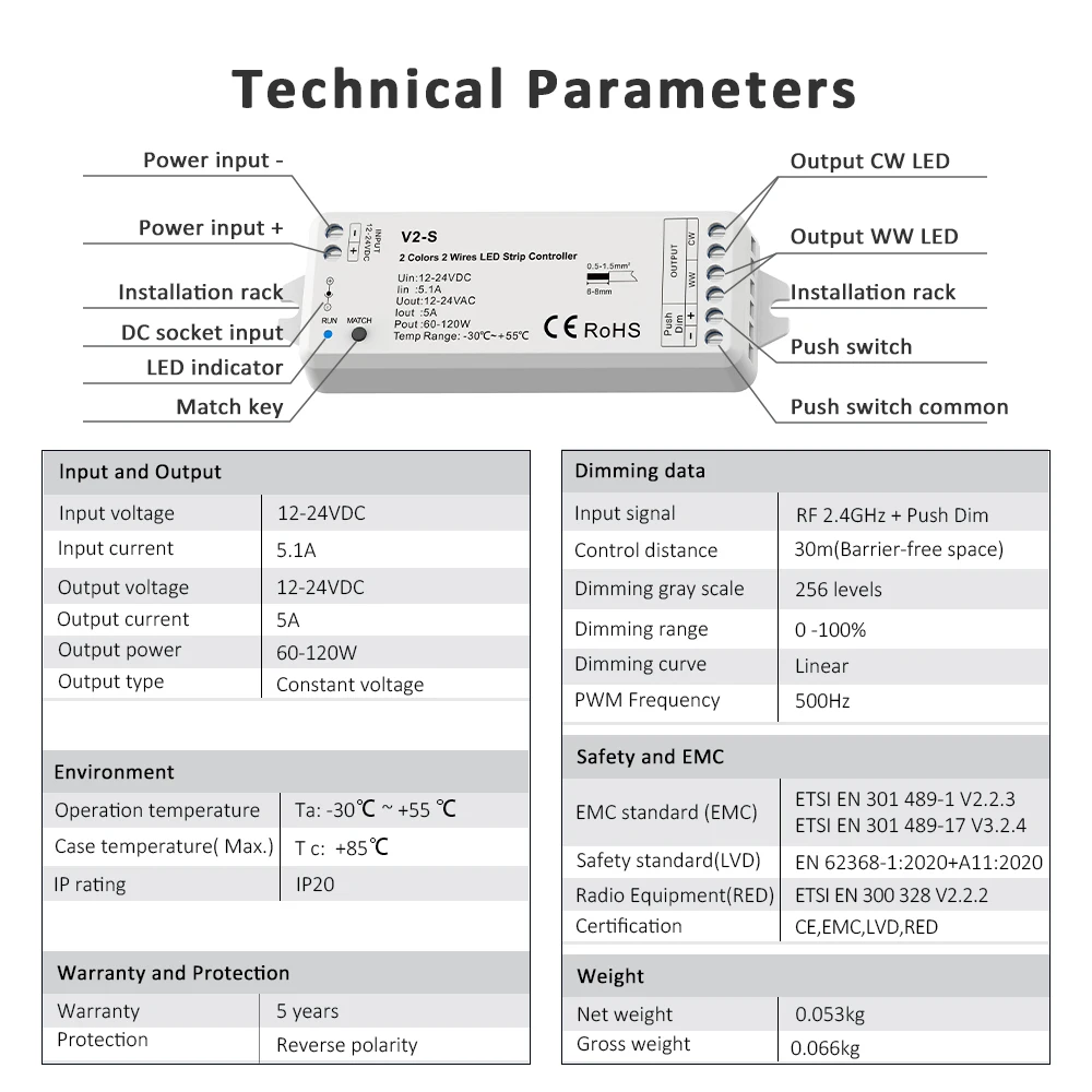 12V 24V DC CCT LED Controller 1CH*5A 2 Wires 2.4G RF Wireless Receiver WW CW Dual White Remote Control for LED Strip Light V2-S