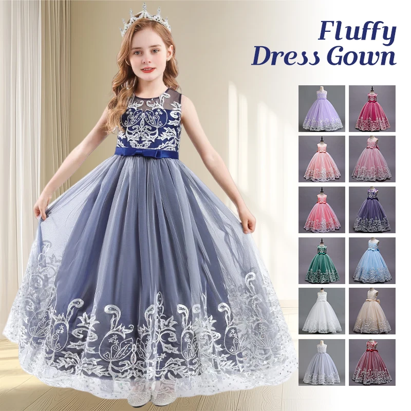 Eleganckie, długie sukienki księżniczki dla dzieci, suknie balowe na wesele, koronkowe, puszyste sukienki z tiulu, sukienki na występy dla dziewczynek, na urodziny, konkursy piękności.