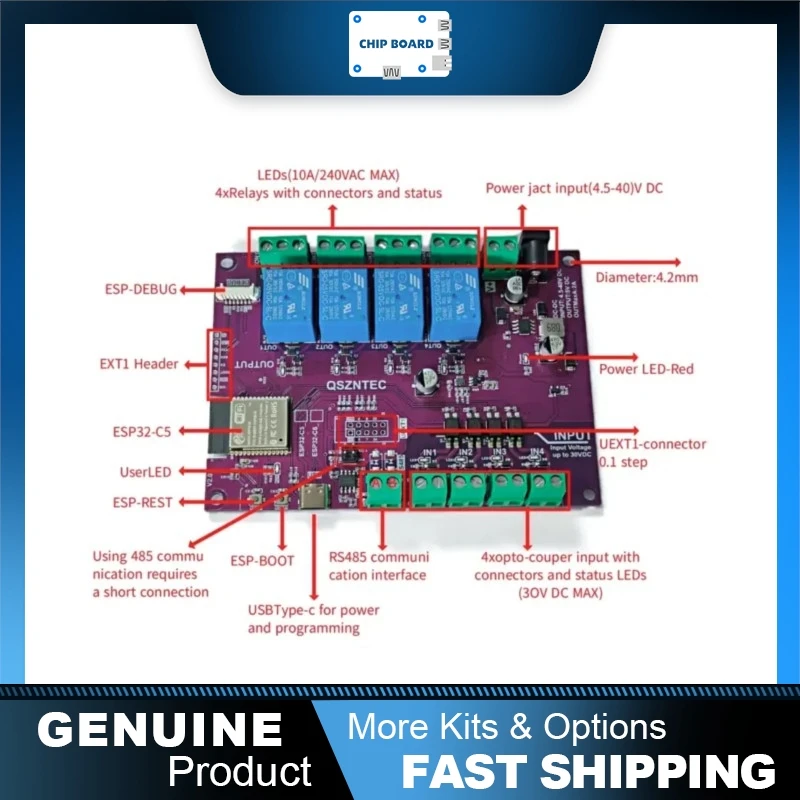 Tindie Maker Go ESP32-C5-EVB, RS485 Automation Board with 4 Relay Outputs and 4 Opto-Isolated Inputs