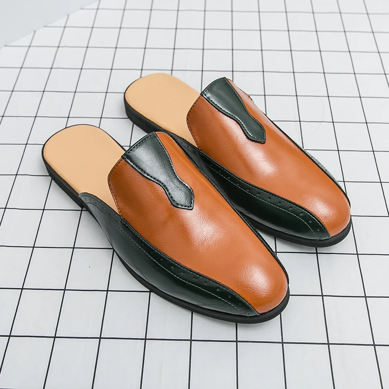 2025 Mules Half Shoes For Men Leather Backless Casual Shoes Large Size 38-47 Semi-Drag Loafers Slippers Open-back Slides Sandals
