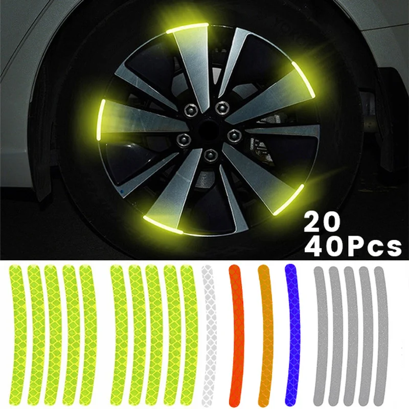 20/40Pcs Car Wheel Reflective Stickers Tire Hub Safety Warning Strips Car Motorcycle Bike Tyre Hub Styling Night Reflector Decal