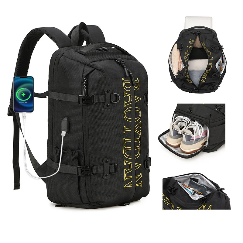 

USB Large Capacity Climbing Backpack Travel Laptop Schoolbag Wet Dry Separation Outdoor Hiking Rucksack with Shoes Sports