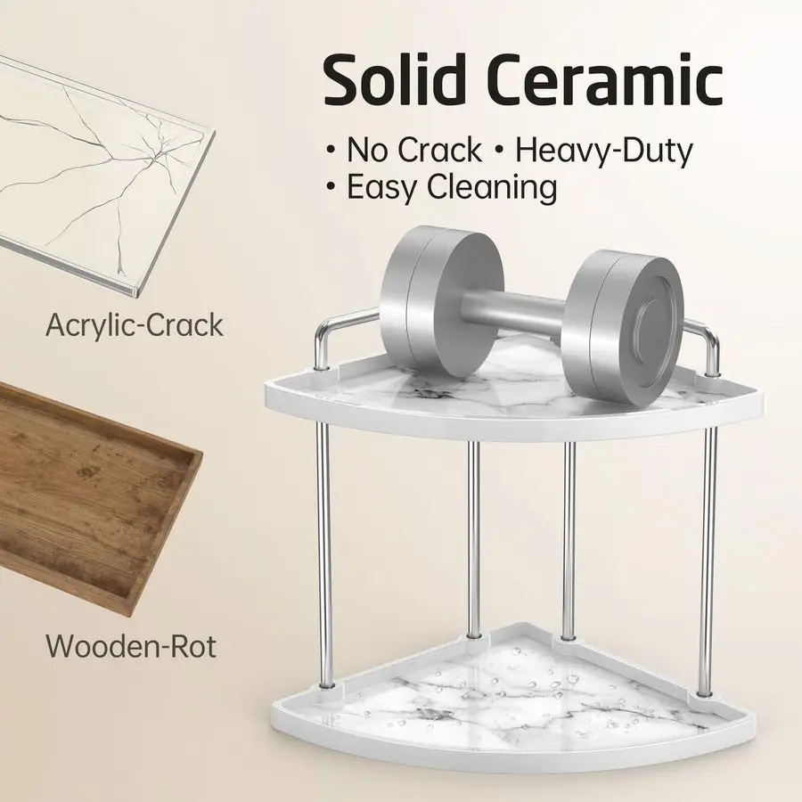 Hancrafted Ceramic Corner Bathroom Counter Organizer, 2Tier Bathroom Countertop Organizer with Marble Pattern, Vanity Skincare P
