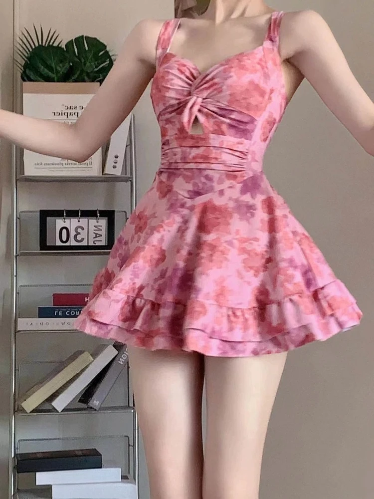 Girly Pink One Piece Swimsuit Women Sexy Ruffle Hem Sleeveless Back Halter Bathing Suit Tummy Control Summer Beachwear