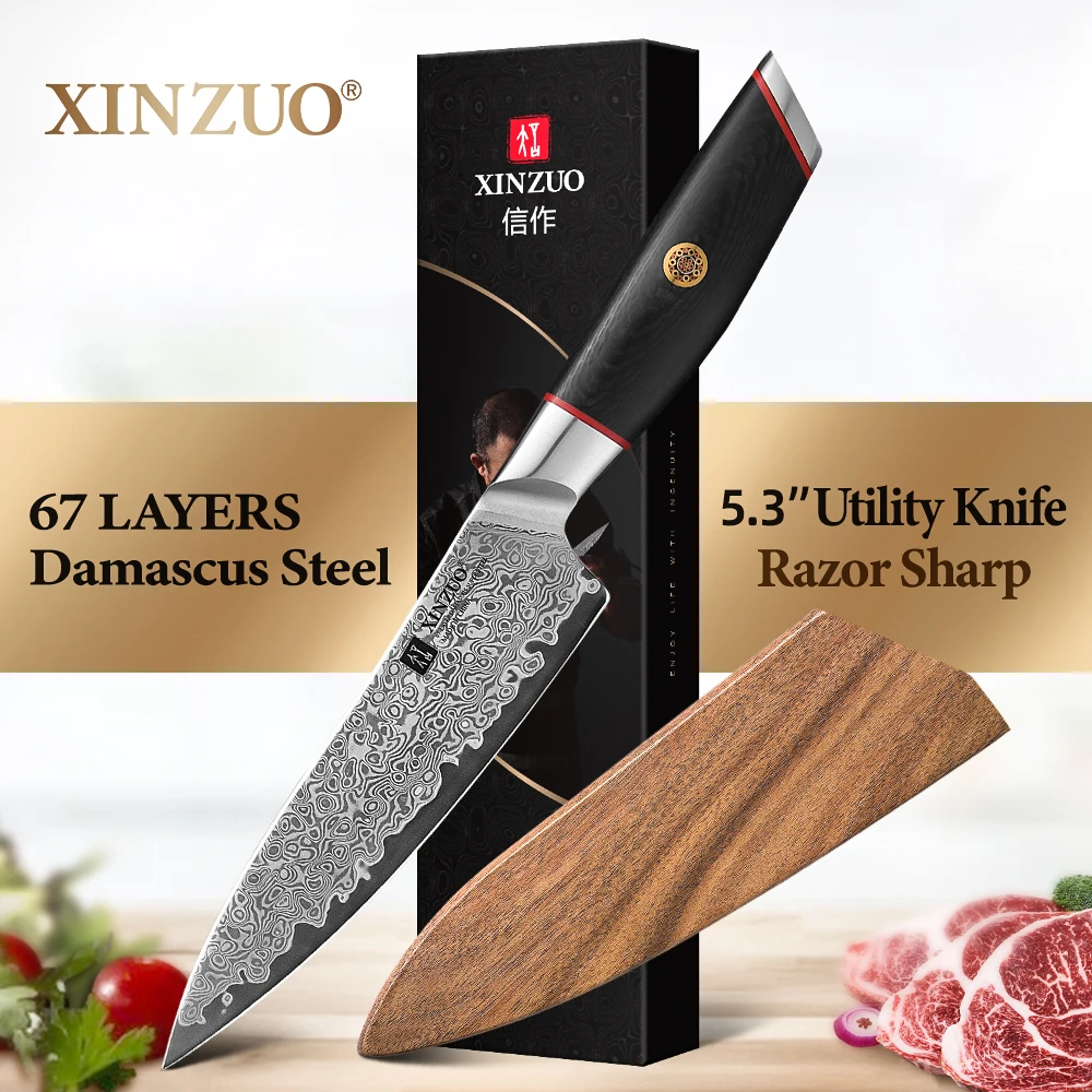 XINZUO5.3 inch All Purpose Utility Knife Damascus Steel Kitchen Knife Versatile Slicing Dicing for Meat Vegetable Fruit BBQ Home