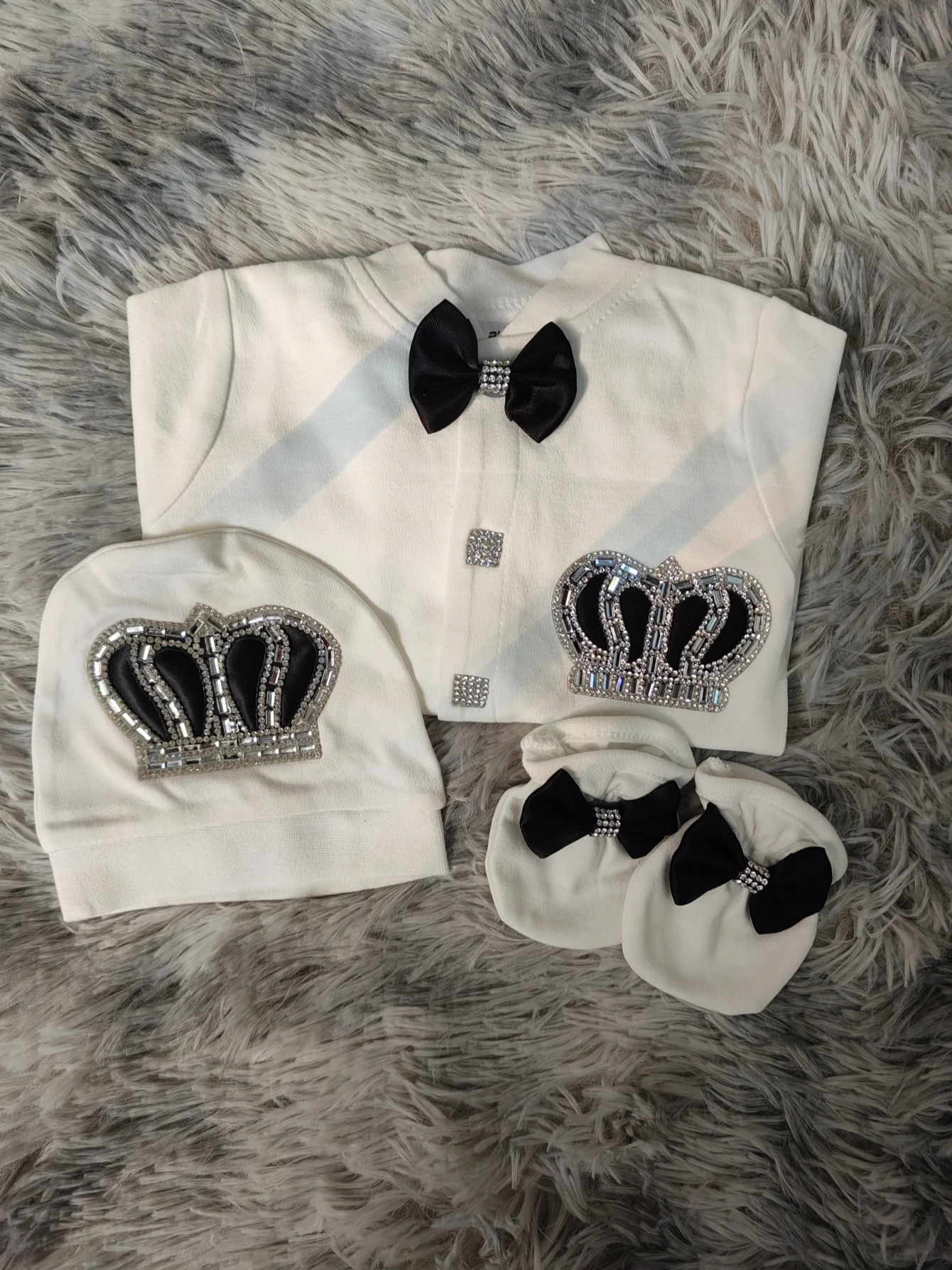 

Precious One-of-a-Kind Baby Boy Romper 3Pcs Crown Bowknot Footed Cotton Jumpsuit Newborn Heirloom Quality 0-9M
