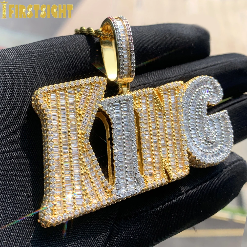 2023 New Iced Out Bling Rectangle CZ Letters King Pendant Necklace Two Tone Color Zircon Charm Men's Women Hip Hop Jewelry