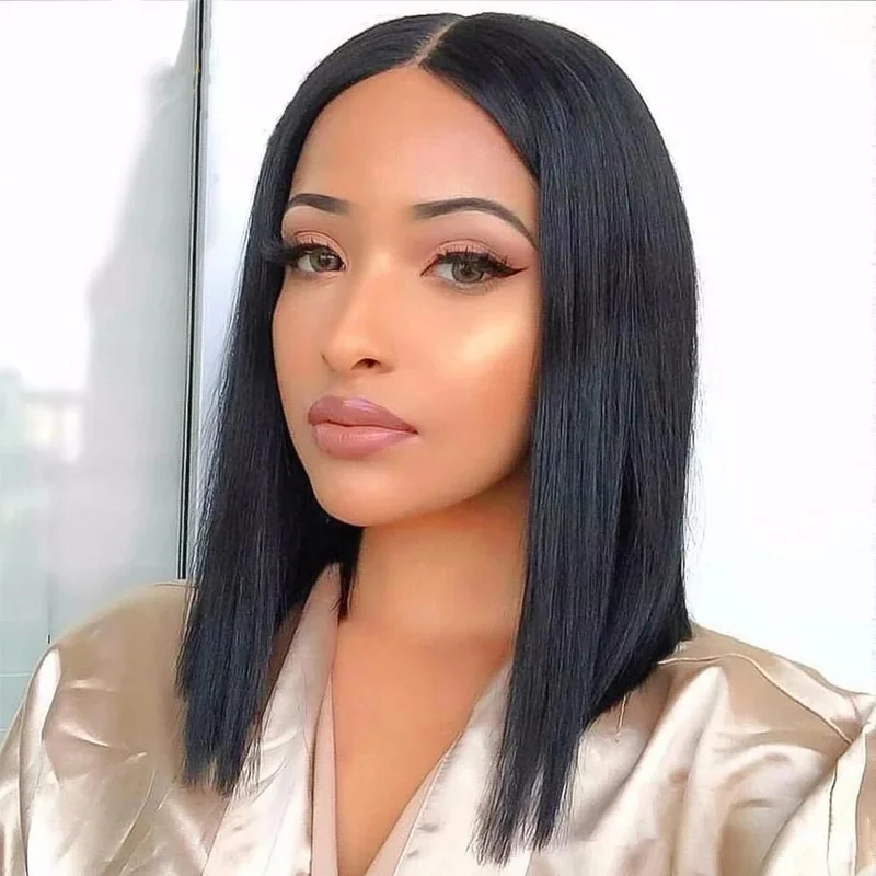 Blunt Cut Synthetic Bob Wig Black Colored Shoulder Length Straight Wig None Lace
