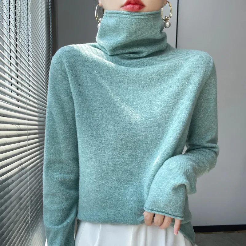 Women Cashmere Sweaters Winter 100% Pure Wool Pile Collar Knitted Bottoming Shirt Loose High Neck Pullovers Mujer Pull Jumpers