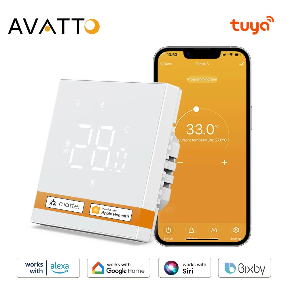 

Умный термостат AVATTO Tuya Matter, Wi-Fi электрический водяной регулятор температуры подогрева пола для Alexa Google Apple Smartthings