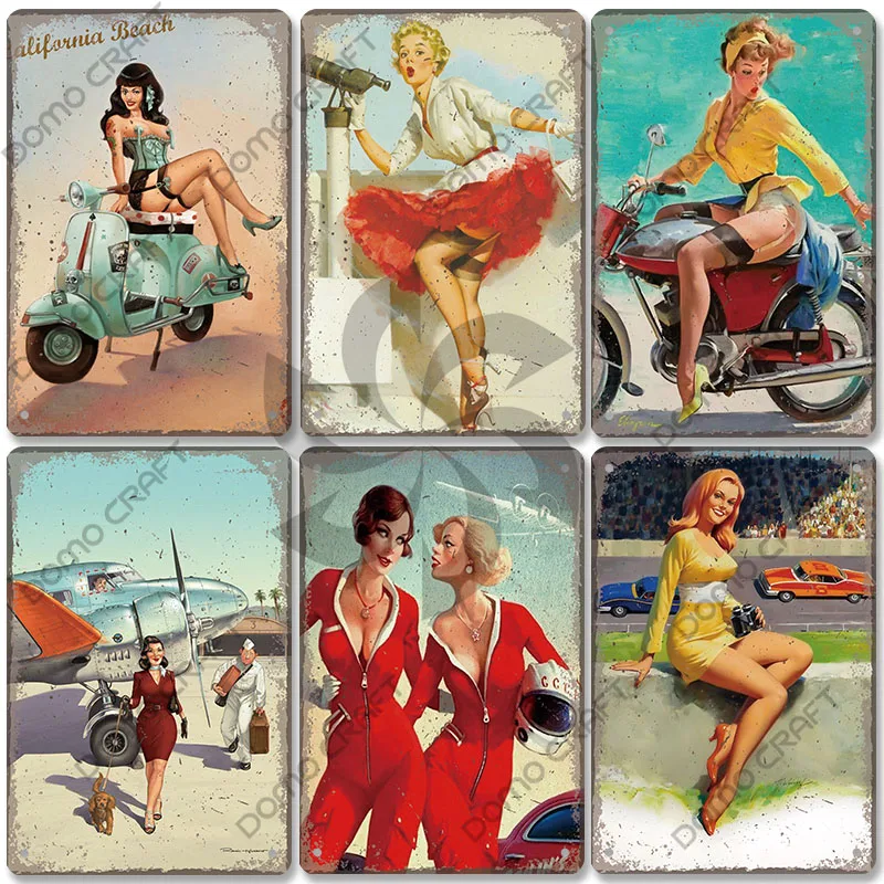 

Sexy Girls Poster Vintage Metal Tin Signs Uniform Girl Pilot Racer Airplane Motorcycle Retro Garage Bar Pub Living Room