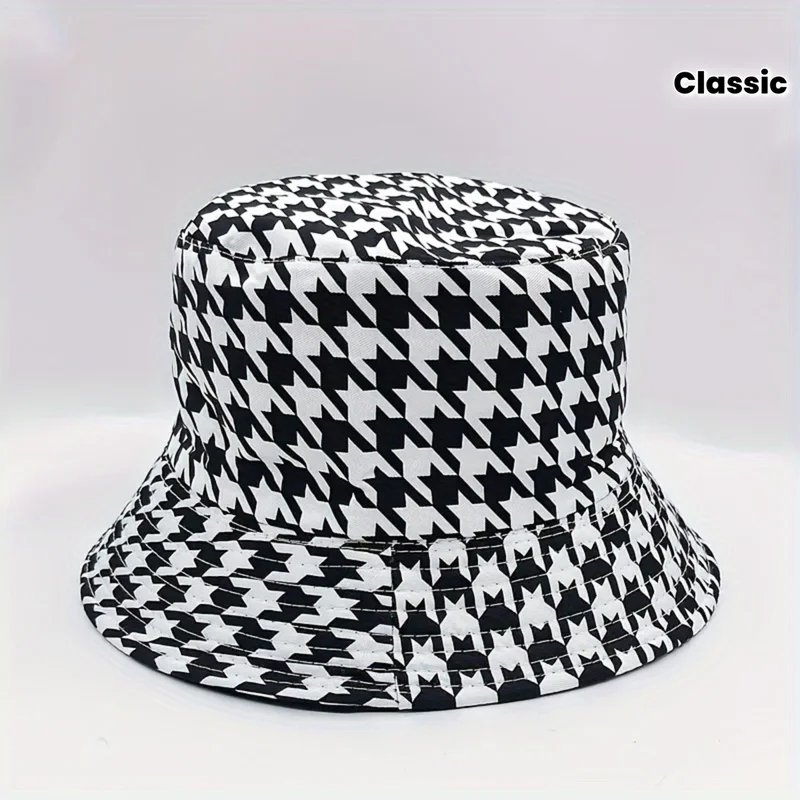 2 pcs set Classic Houndstooth Print Bucket Hat Sunscreen Basin Lightweight Fisherman Cap for Women And Men