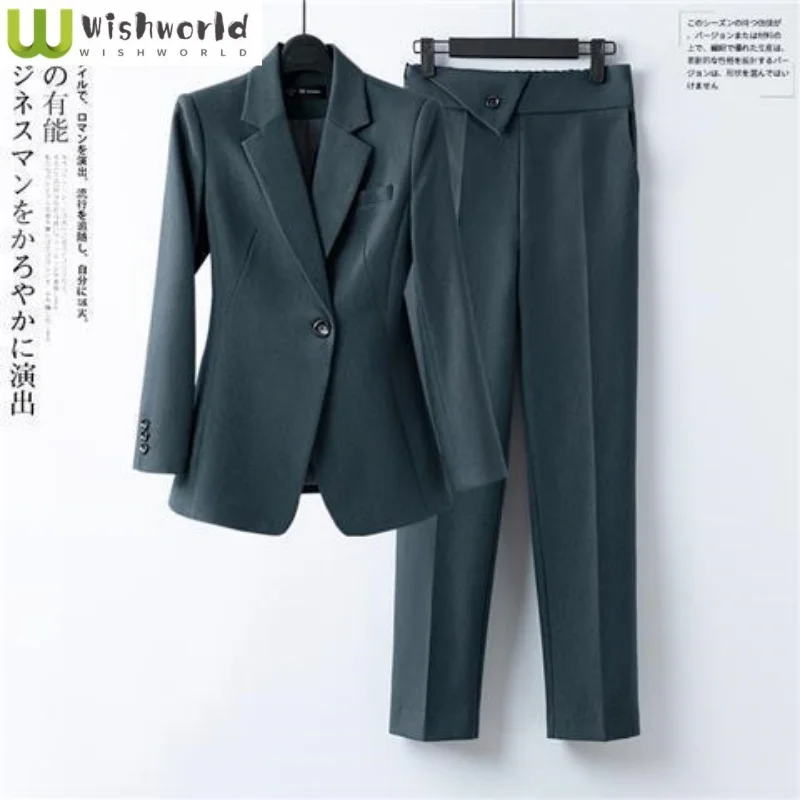 Autumn New Retro Blue Grey Jacket Blazer Creative Pencil Pants Two Piece Set Elegant Women's Office Suit Set Outfits