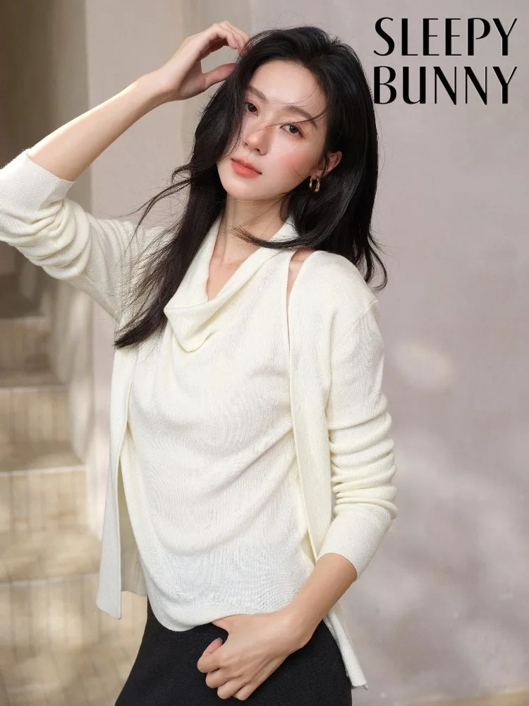 Women Long Sleeve Knit Top Cowl Neck Halter Lady Spring Niche Design Temperament Pullover Casual Versatile Blouse Daily Outfit